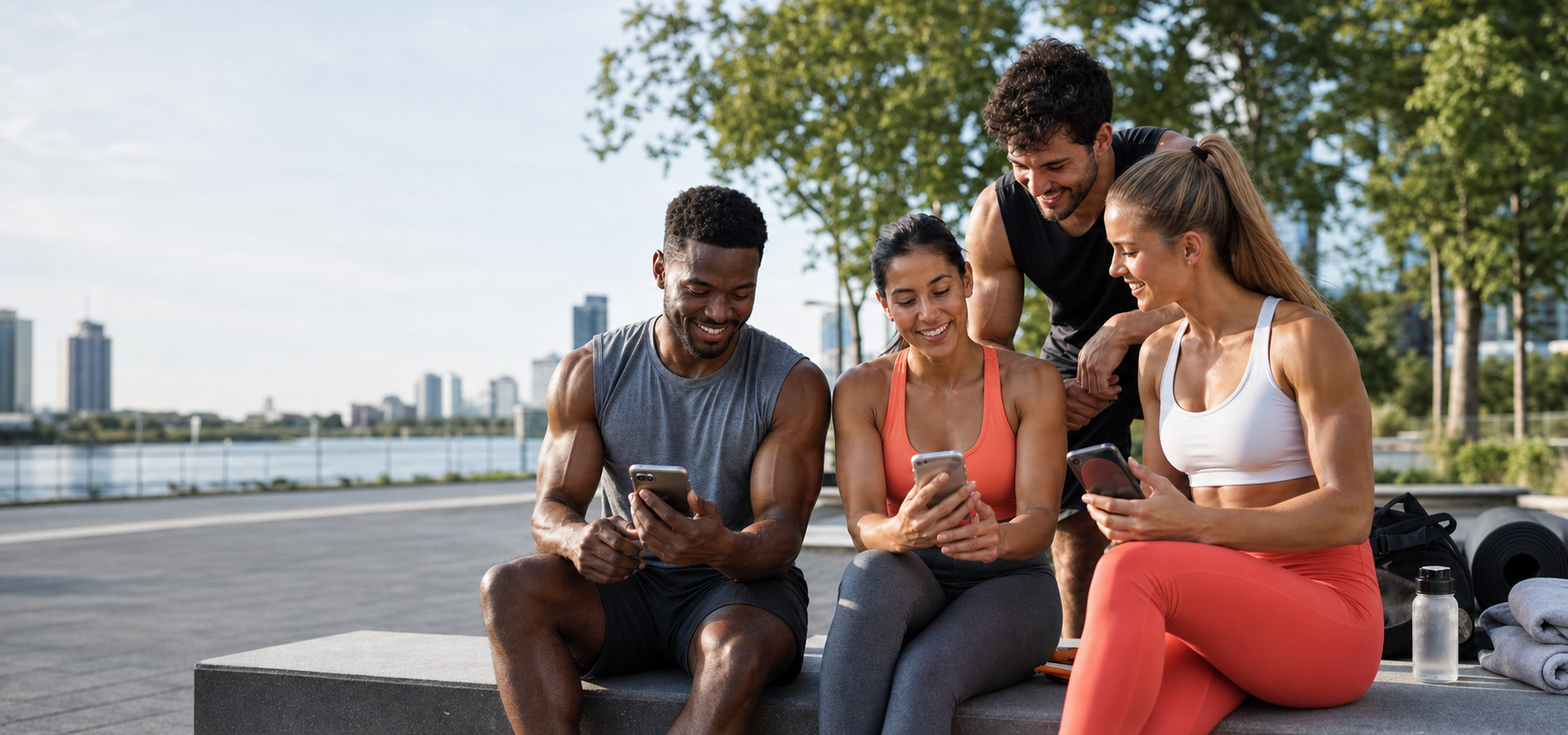 Friends in workout clothes sharing fitness routines on phones after exercising outdoors